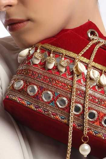 Buy_Quirky Tales_Red Beads, Mirrors, Tassels Velvet Bucket Potli Bag _Online_at_Aza_Fashions