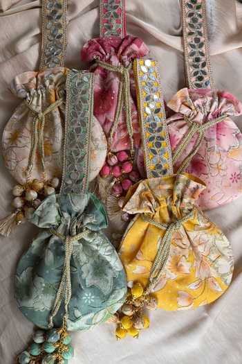 Quirky Tales Yellow Floral Mirror Work Strap Potli 