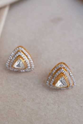Solv Jewellery_Gold Plated Trilliant Halo Stud Earrings _Online_at_Aza_Fashions