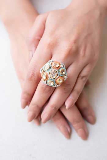 Solv Jewellery Gold Plated Honeycomb Spectrum Embellished Ring Online at Aza Fashions Solv Jewellery_Gold Plated Honeycomb Spectrum Embellished Ring _Online_at_Aza_Fashions
