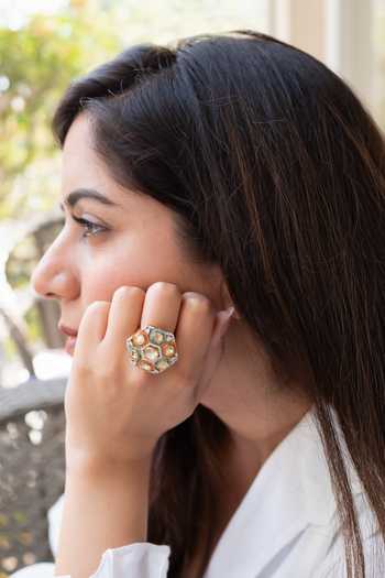 Buy Solv Jewellery Gold Plated Honeycomb Spectrum Embellished Ring Online at Aza Fashions Buy_Solv Jewellery_Gold Plated Honeycomb Spectrum Embellished Ring _Online_at_Aza_Fashions