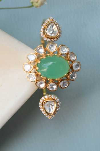 Solv Jewellery_Gold Plated Inaya Emerald Two-finger Embellished Ring _Online_at_Aza_Fashions