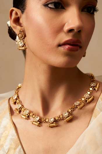 Shop Solv Jewellery Gold Plated Dholna Patti Necklace And Earrings Online at Aza Fashions Shop_Solv Jewellery_Gold Plated Dholna Patti Necklace And Earrings _Online_at_Aza_Fashions