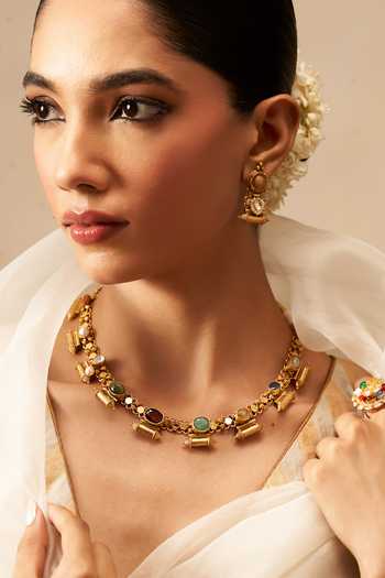 Solv Jewellery Gold Plated Navrang Dholna Necklace With Earrings at Aza Fashions Solv Jewellery_Gold Plated Navrang Dholna Necklace With Earrings _at_Aza_Fashions