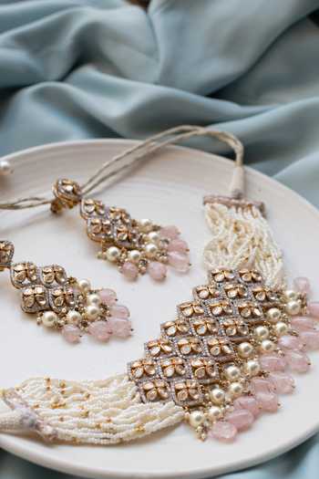 Solv Jewellery Gold Plated Rare Bloom Necklace With Earrings at Aza Fashions Solv Jewellery_Gold Plated Rare Bloom Necklace With Earrings _at_Aza_Fashions