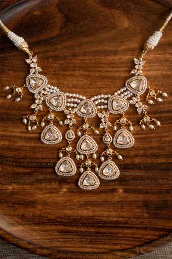Shop Solv Jewellery Gold Plated Celestia Polki And Pearl Necklace With Earrings Online at Aza Fashions Shop_Solv Jewellery_Gold Plated Celestia Polki And Pearl Necklace With Earrings _Online_at_Aza_Fashions