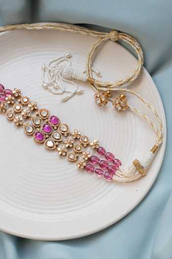 Solv Jewellery Gold Plated Bijou Rose Polki Choker With Earrings Online at Aza Fashions Solv Jewellery_Gold Plated Bijou Rose Polki Choker With Earrings _Online_at_Aza_Fashions