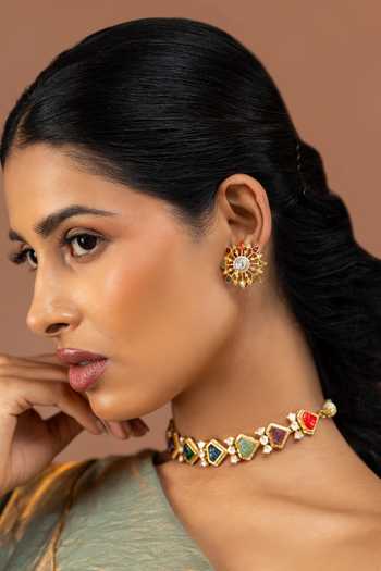 Solv Jewellery Gold Plated Gauri Navratna Choker With Stud Earrings Online at Aza Fashions Solv Jewellery_Gold Plated Gauri Navratna Choker With Stud Earrings _Online_at_Aza_Fashions