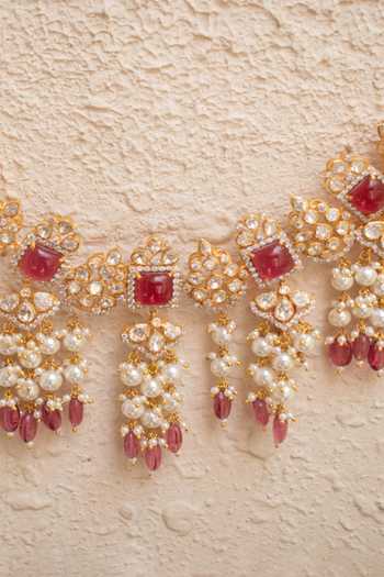 Solv Jewellery Gold Plated Ratnavali Ruby Necklace With Earrings Online at Aza Fashions Solv Jewellery_Gold Plated Ratnavali Ruby Necklace With Earrings _Online_at_Aza_Fashions