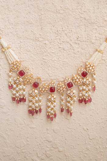 Buy Solv Jewellery Gold Plated Ratnavali Ruby Necklace With Earrings Online at Aza Fashions Buy_Solv Jewellery_Gold Plated Ratnavali Ruby Necklace With Earrings _Online_at_Aza_Fashions