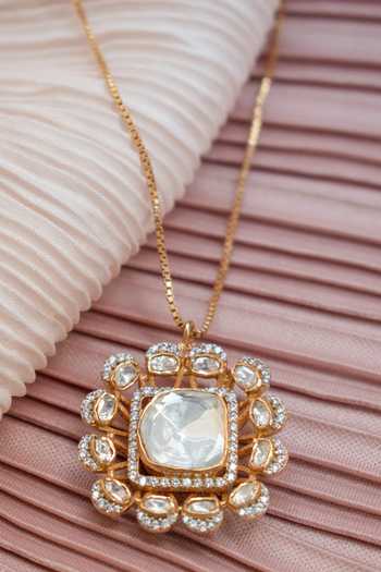 Solv Jewellery Gold Plated Carre Square Polki Pendant Necklace Online at Aza Fashions Solv Jewellery_Gold Plated Carre Square Polki Pendant Necklace _Online_at_Aza_Fashions