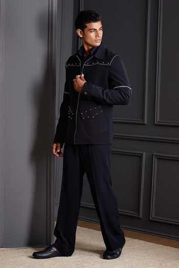 Shop_Soniya G_Black Suiting Studs Metal Bandhgala And Trouser Set _Online_at_Aza_Fashions