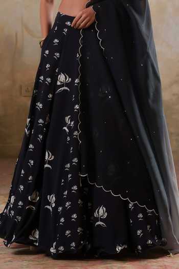 Pooja Popli Black Crepe, Organza Square Neck Maya Printed And Embroidered Lehenga Set Online at Aza Fashions Pooja Popli_Black Crepe, Organza Square Neck Maya Printed And Embroidered Lehenga Set _Online_at_Aza_Fashions