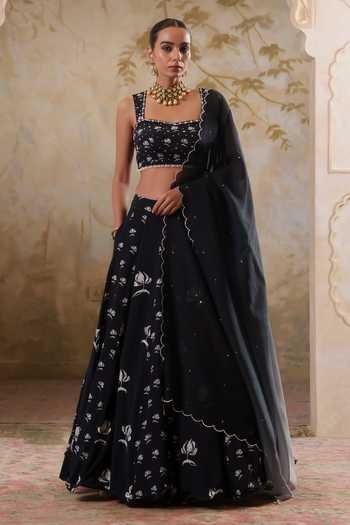 Buy Pooja Popli Black Crepe, Organza Square Neck Maya Printed And Embroidered Lehenga Set Online at Aza Fashions Buy_Pooja Popli_Black Crepe, Organza Square Neck Maya Printed And Embroidered Lehenga Set _Online_at_Aza_Fashions
