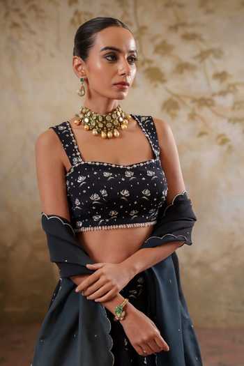 Shop Pooja Popli Black Crepe, Organza Square Neck Maya Printed And Embroidered Lehenga Set Online at Aza Fashions Shop_Pooja Popli_Black Crepe, Organza Square Neck Maya Printed And Embroidered Lehenga Set _Online_at_Aza_Fashions