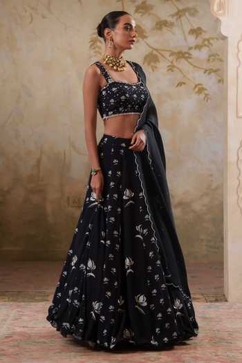Pooja Popli Black Crepe, Organza Square Neck Maya Printed And Embroidered Lehenga Set at Aza Fashions Pooja Popli_Black Crepe, Organza Square Neck Maya Printed And Embroidered Lehenga Set _at_Aza_Fashions