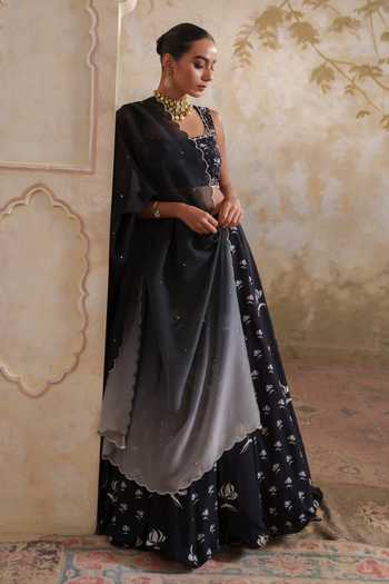 Buy Pooja Popli Black Crepe, Organza Square Neck Maya Printed And Embroidered Lehenga Set Buy_Pooja Popli_Black Crepe, Organza Square Neck Maya Printed And Embroidered Lehenga Set