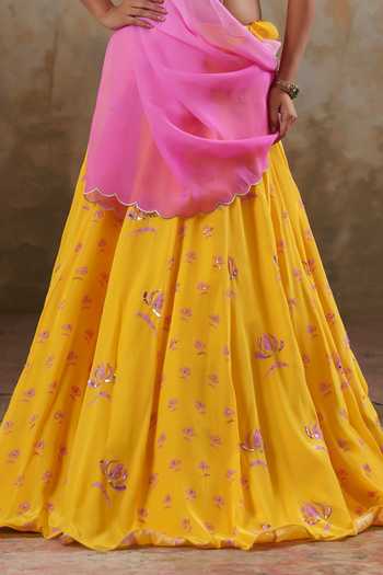 Pooja Popli Yellow Crepe, Organza Square Neck Maya Printed And Embroidered Lehenga Set Online at Aza Fashions Pooja Popli_Yellow Crepe, Organza Square Neck Maya Printed And Embroidered Lehenga Set _Online_at_Aza_Fashions