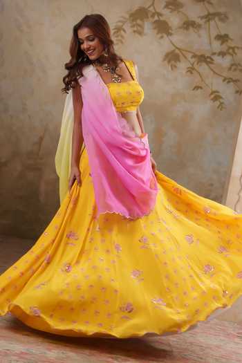 Shop Pooja Popli Yellow Crepe, Organza Square Neck Maya Printed And Embroidered Lehenga Set Online at Aza Fashions Shop_Pooja Popli_Yellow Crepe, Organza Square Neck Maya Printed And Embroidered Lehenga Set _Online_at_Aza_Fashions