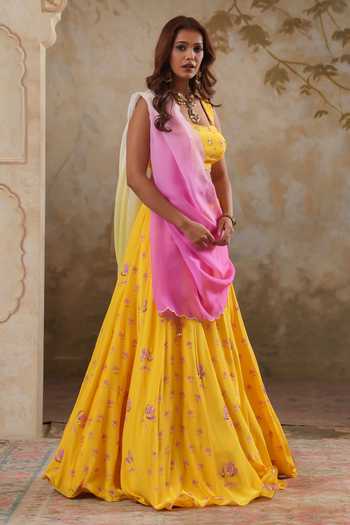 Pooja Popli Yellow Crepe, Organza Square Neck Maya Printed And Embroidered Lehenga Set at Aza Fashions Pooja Popli_Yellow Crepe, Organza Square Neck Maya Printed And Embroidered Lehenga Set _at_Aza_Fashions