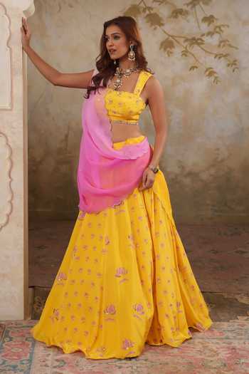 Buy Pooja Popli Yellow Crepe, Organza Square Neck Maya Printed And Embroidered Lehenga Set Buy_Pooja Popli_Yellow Crepe, Organza Square Neck Maya Printed And Embroidered Lehenga Set