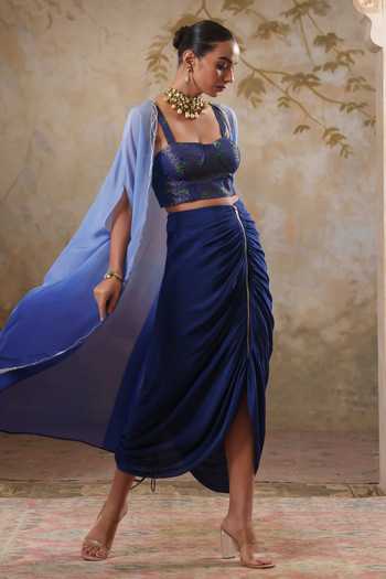 Buy Pooja Popli Blue Organza, Lurex, Crepe Square Maya Ombre Embroidered Cape Draped Skirt Set Online at Aza Fashions Buy_Pooja Popli_Blue Organza, Lurex, Crepe Square Maya Ombre Embroidered Cape Draped Skirt Set _Online_at_Aza_Fashions