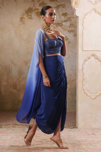 Shop Pooja Popli Blue Organza, Lurex, Crepe Square Maya Ombre Embroidered Cape Draped Skirt Set Online at Aza Fashions Shop_Pooja Popli_Blue Organza, Lurex, Crepe Square Maya Ombre Embroidered Cape Draped Skirt Set _Online_at_Aza_Fashions