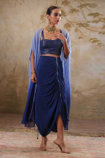 Pooja Popli Maya Ombre Embroidered Cape Draped Skirt Set 