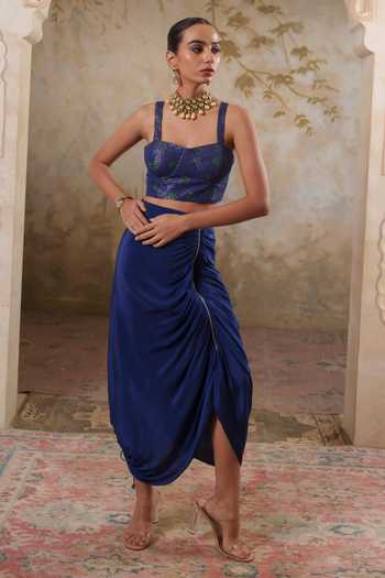 Pooja Popli Blue Organza, Lurex, Crepe Square Maya Ombre Embroidered Cape Draped Skirt Set at Aza Fashions Pooja Popli_Blue Organza, Lurex, Crepe Square Maya Ombre Embroidered Cape Draped Skirt Set _at_Aza_Fashions