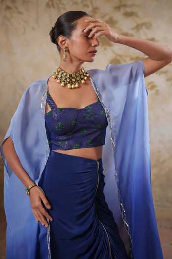 Buy Pooja Popli Blue Organza, Lurex, Crepe Square Maya Ombre Embroidered Cape Draped Skirt Set Buy_Pooja Popli_Blue Organza, Lurex, Crepe Square Maya Ombre Embroidered Cape Draped Skirt Set