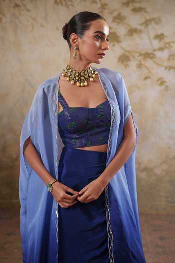 Shop Pooja Popli Blue Organza, Lurex, Crepe Square Maya Ombre Embroidered Cape Draped Skirt Set Shop_Pooja Popli_Blue Organza, Lurex, Crepe Square Maya Ombre Embroidered Cape Draped Skirt Set