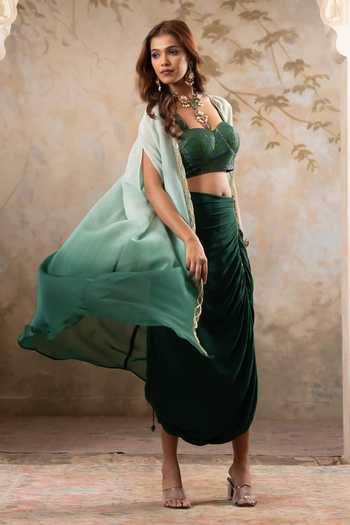 Pooja Popli_Green Organza, Lurex, Crepe Maya Ombre Embroidered Cape And Draped Skirt Set _Online_at_Aza_Fashions