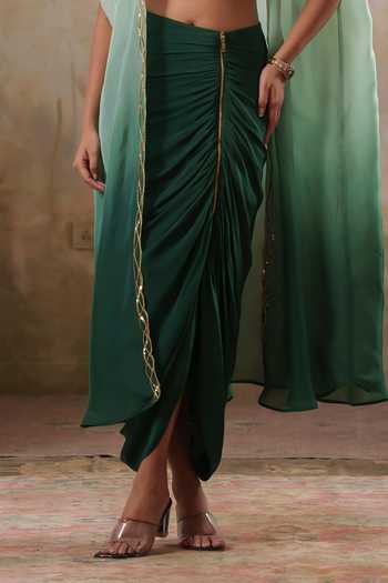 Buy_Pooja Popli_Green Organza, Lurex, Crepe Maya Ombre Embroidered Cape And Draped Skirt Set _Online_at_Aza_Fashions