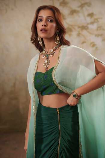 Shop_Pooja Popli_Green Organza, Lurex, Crepe Maya Ombre Embroidered Cape And Draped Skirt Set _Online_at_Aza_Fashions