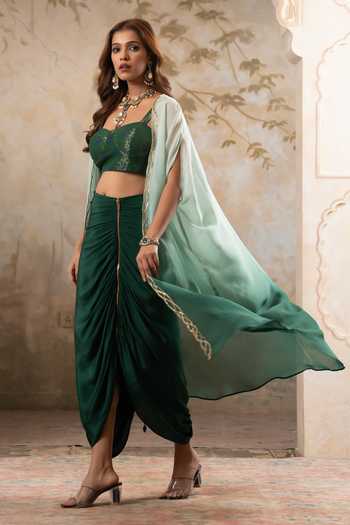 Pooja Popli_Green Organza, Lurex, Crepe Maya Ombre Embroidered Cape And Draped Skirt Set _at_Aza_Fashions