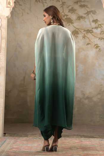Pooja Popli Maya Ombre Embroidered Cape & Draped Skirt Set 