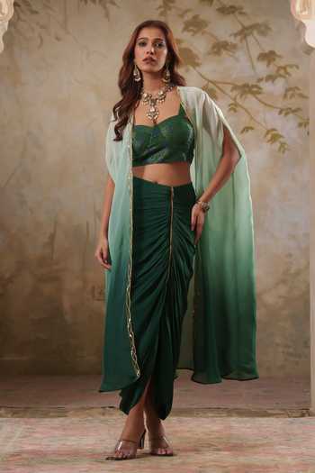 Pooja Popli Maya Ombre Embroidered Cape & Draped Skirt Set 