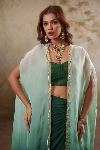 Buy_Pooja Popli_Green Organza, Lurex, Crepe Maya Ombre Embroidered Cape And Draped Skirt Set 