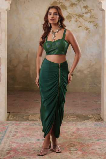 Shop_Pooja Popli_Green Organza, Lurex, Crepe Maya Ombre Embroidered Cape And Draped Skirt Set 