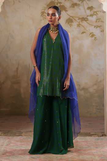 Pooja Popli Green Lurex, , Silk Maya Shimmering Short Kurta Sharara Set Online at Aza Fashions Pooja Popli_Green Lurex, , Silk Maya Shimmering Short Kurta Sharara Set _Online_at_Aza_Fashions