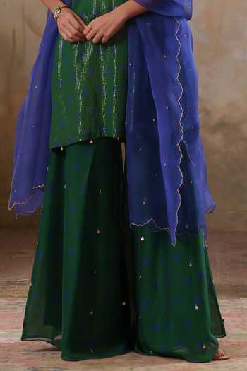 Buy Pooja Popli Green Lurex, , Silk Maya Shimmering Short Kurta Sharara Set Online at Aza Fashions Buy_Pooja Popli_Green Lurex, , Silk Maya Shimmering Short Kurta Sharara Set _Online_at_Aza_Fashions