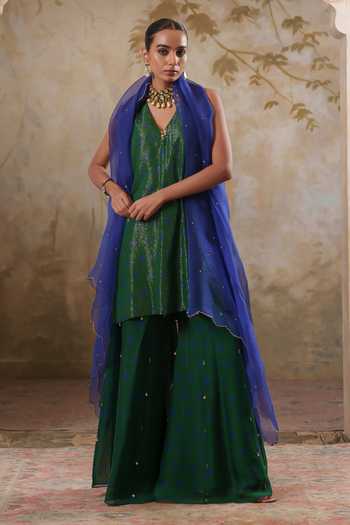 Shop Pooja Popli Green Lurex, , Silk Maya Shimmering Short Kurta Sharara Set Online at Aza Fashions Shop_Pooja Popli_Green Lurex, , Silk Maya Shimmering Short Kurta Sharara Set _Online_at_Aza_Fashions