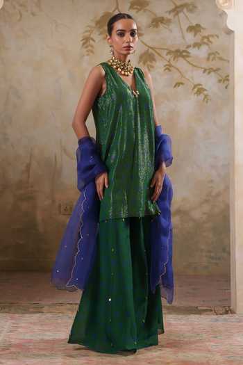 Pooja Popli Green Lurex, , Silk Maya Shimmering Short Kurta Sharara Set at Aza Fashions Pooja Popli_Green Lurex, , Silk Maya Shimmering Short Kurta Sharara Set _at_Aza_Fashions