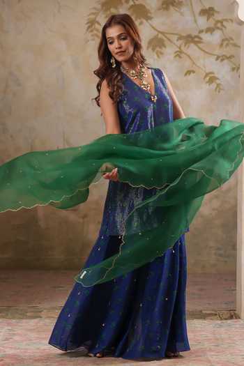 Buy Pooja Popli Blue Lurex, , Silk Maya Shimmering Short Kurta Sharara Set Online at Aza Fashions Buy_Pooja Popli_Blue Lurex, , Silk Maya Shimmering Short Kurta Sharara Set _Online_at_Aza_Fashions