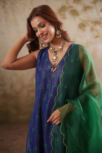 Shop Pooja Popli Blue Lurex, , Silk Maya Shimmering Short Kurta Sharara Set Online at Aza Fashions Shop_Pooja Popli_Blue Lurex, , Silk Maya Shimmering Short Kurta Sharara Set _Online_at_Aza_Fashions