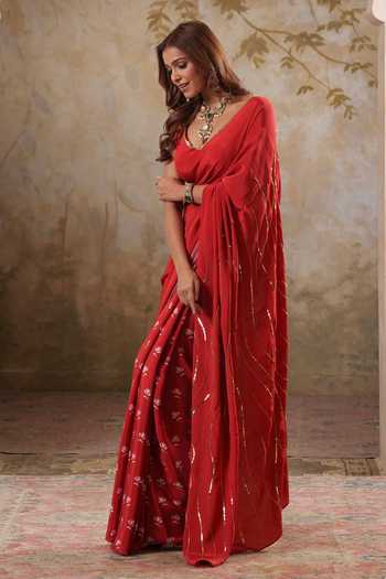 Shop Pooja Popli Red Crepe Maya Printed Saree With Unstitched Blouse Piece Online at Aza Fashions Shop_Pooja Popli_Red Crepe Maya Printed Saree With Unstitched Blouse Piece _Online_at_Aza_Fashions