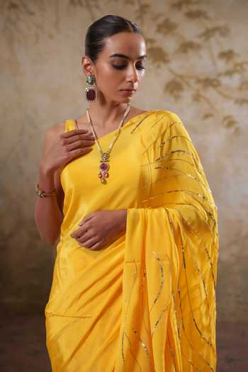 Pooja Popli Yellow Crepe Maya Printed Saree With Unstitched Blouse Piece Online at Aza Fashions Pooja Popli_Yellow Crepe Maya Printed Saree With Unstitched Blouse Piece _Online_at_Aza_Fashions