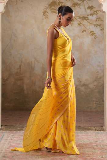 Buy Pooja Popli Yellow Crepe Maya Printed Saree With Unstitched Blouse Piece Online at Aza Fashions Buy_Pooja Popli_Yellow Crepe Maya Printed Saree With Unstitched Blouse Piece _Online_at_Aza_Fashions