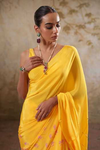 Shop Pooja Popli Yellow Crepe Maya Printed Saree With Unstitched Blouse Piece Online at Aza Fashions Shop_Pooja Popli_Yellow Crepe Maya Printed Saree With Unstitched Blouse Piece _Online_at_Aza_Fashions