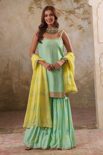 Pooja Popli Maya Printed Strappy Short Kurta Sharara Set 